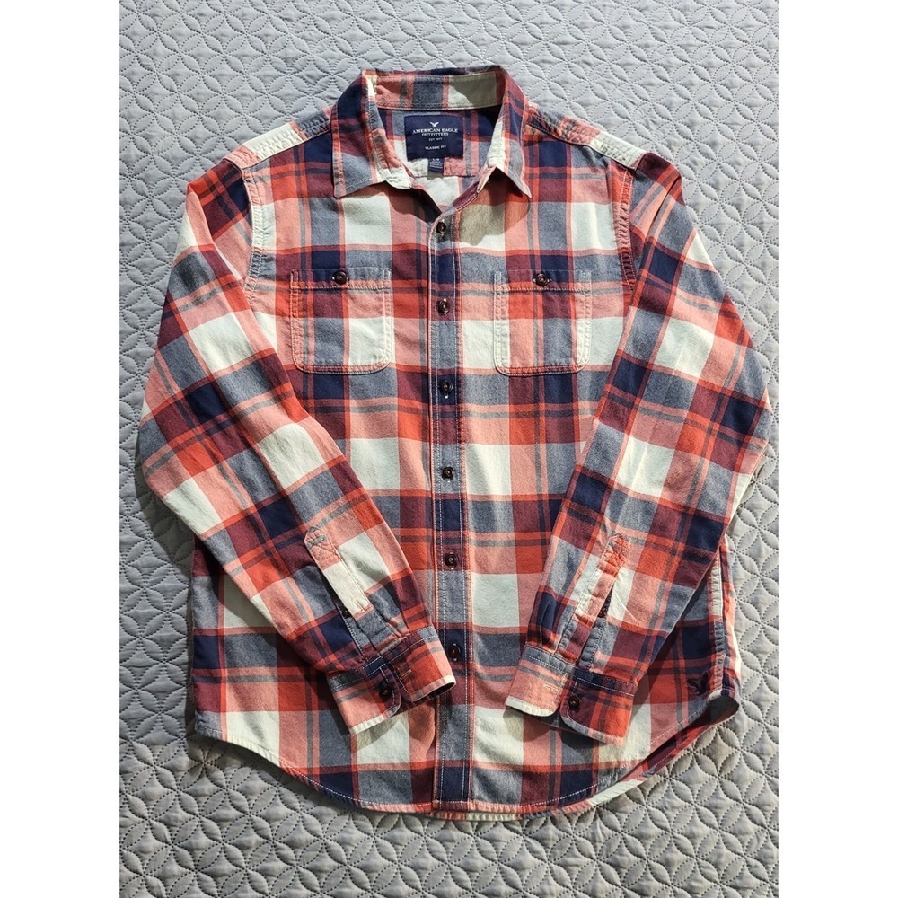 American Eagle Flannel Shirt Classic Fit Button Up Plaid Red Blue Size‎ M - Picture 8 of 12